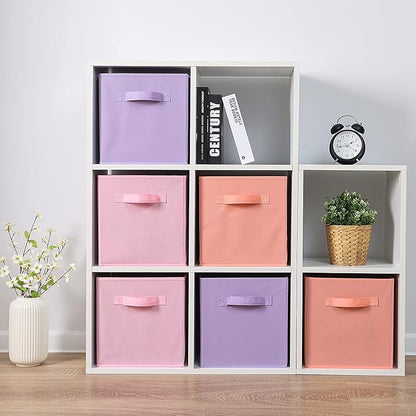 Stero Fabric Storage Bins 6 Pack Fun Colored Durable Storage Cubes with Fabric Handles Foldable Cube Baskets for Home, Kids Room, Closet and Toys Organization Purple, Pink, peachpuff