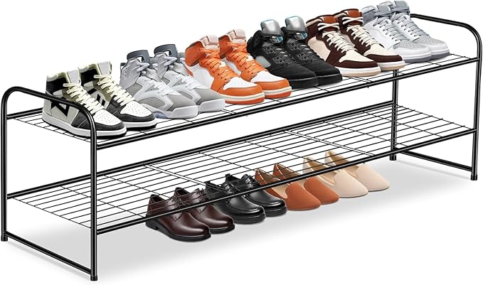 KEETDY 2-Tier Long Shoe Rack for Closet Metal Shoe Organizer for Entryway, Wide Stackable Shoe Storage Shelf with Sturdy Wire Grid for Closet Floor, Bedroom, Black