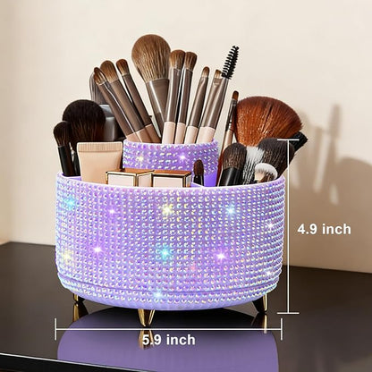Diesisa Bling Makeup Organizer: 360°Rotating Bling Rhinestone Cosmetic Display Cases -Diamond Makeup Brush Holder - 5 Slot Cup for Cosmetics - Bling Lipstick Organizer - Gift for Women -Diamond Purple