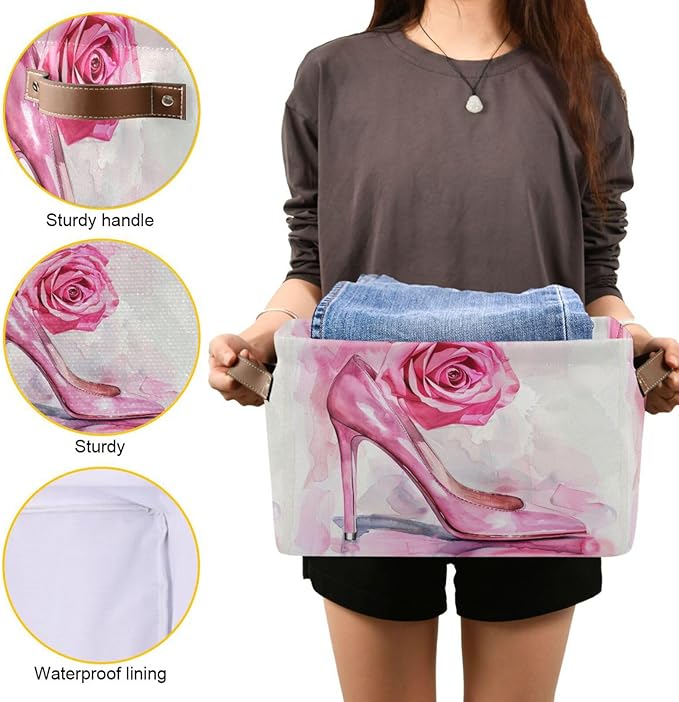 Large Storage Basket High Heel Pink Rose Storage Bin Cube Canvas Fabric Organizer Handles Collapsible for Clothes Toys Bedroom Decorative