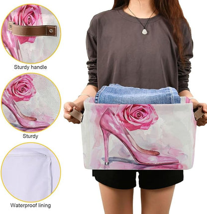 Large Storage Basket High Heel Pink Rose Storage Bin Cube Canvas Fabric Organizer Handles Collapsible for Clothes Toys Bedroom Decorative