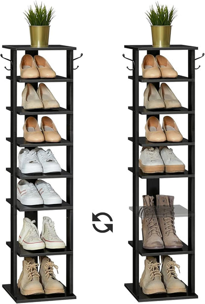 HOOBRO 8 Tiers Vertical Shoe Rack, Wooden Shoe Storage Organizer with Hooks, Narrow Shoe Tower for 8 Pairs, Space Saving, for Entryway, Living Room, Bedroom, Black BK07XJ01