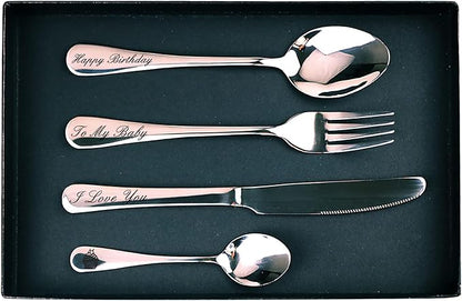 Custom Engraved Cutlery,Customized Tableware Set With Gift box, Personalized Lettering Name Fork/Knife/Spoon Stainless Steel Cutlery, Customized Gifts For Mama Nana Papa. (Silver)