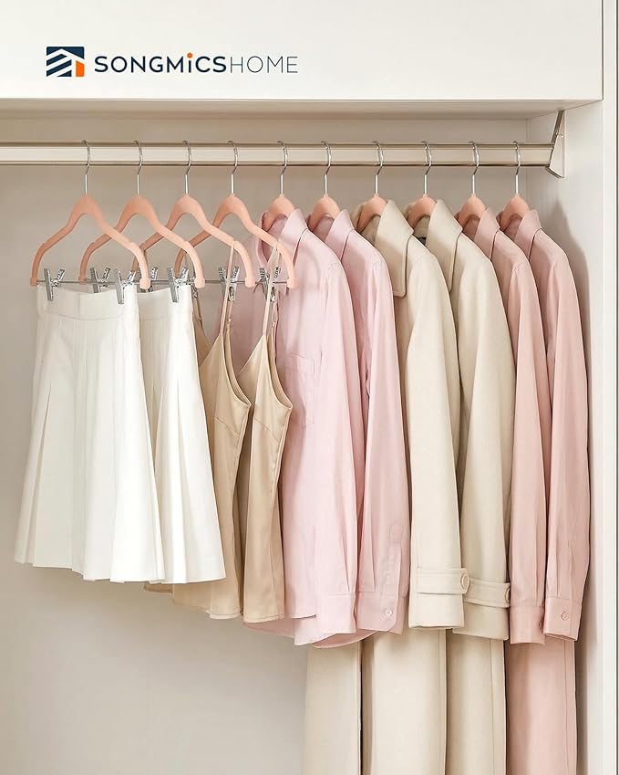 SONGMICS HOME Velvet Pants Hangers with Adjustable Clips, Non-Slip Space-Saving Clothes Hangers, 30 Pack, Shoulder Notches for Skirts, Pink