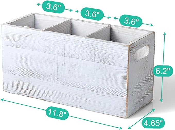 ALELION Rustic White Utensil Holder with Removable Divider - 3 Compartment Wooden Utensil Caddy Organizer for Kitchen Counter - Cooking Utensil Crock for Countertop