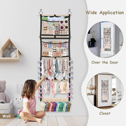 Bow Organizer for Girls, 17x50in Baby Headband Bow Holder W/ 2 Mesh Pockets & 36 Hooks, Bow Hanger for Girls Hair Bows Clip, Wall Hanging Hair Accessories Storage for Toddler Nursery Decor(Black)