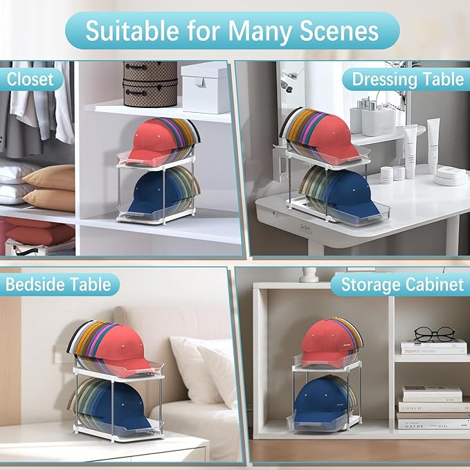 Gomyrod Hat Rack for Baseball Caps, 2-Tier Clear Hat Organizer for Closet Space Saving Hat Storage Holds up to 20 Caps, Pull-Out Cabinet Organiser with Track for Closet & Bedroom