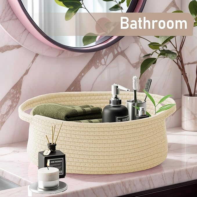 JMvicyroam Woven Basket,Small Rope Storage Bin with Handles & Ribbon Bag, Organizer for Shelves Closets,Gift Basket Empty for Birthday,Books,Dog Toys,Beige