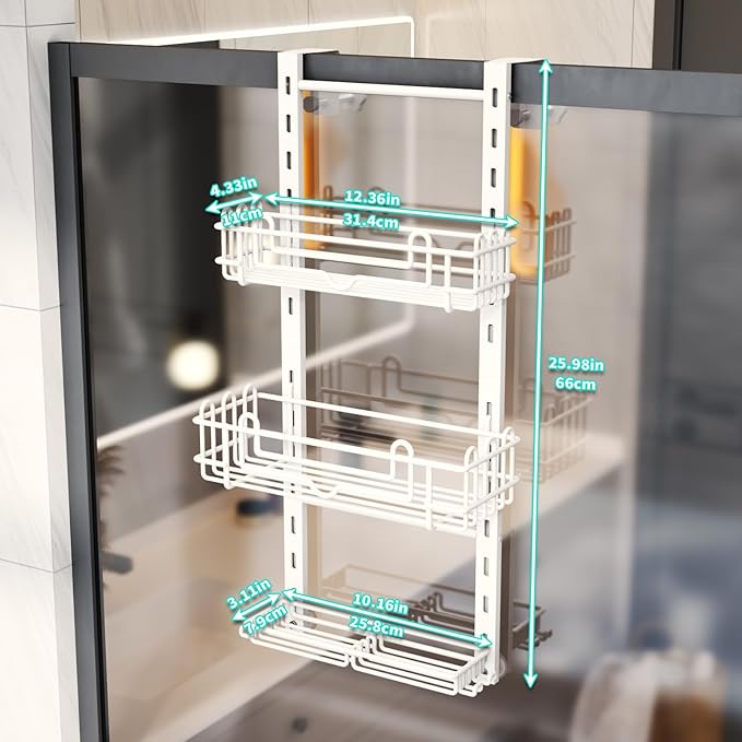 HapiRm 3 Tier Over the Door Shower Caddy, Hanging Shower Caddy with 16 Hooks and 2 Soap Holders, No Drilling Adjustable Hanging Bathroom Organizer - White