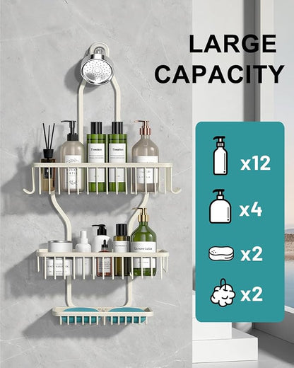 Shower Caddy Hanging - Never Rust Shower Hanging Organizer - Aluminum Over the ShowerHead Caddy with Soap Basket and 6 Hooks for Razor/Sponge (Milky White)