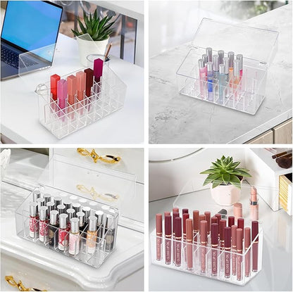 Acrylic Lipgloss Lip Gloss Holder & Rollerball Perfume Organizer for Compact Essential Oil Rollerball Perfume Holder, Makeup Brush, 18 Slots Tubular Storage Display Cabinet With Cover