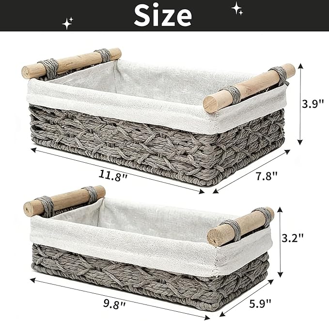 Storage Basket Wicker Baskets for Organizing, Storage Bins for Countertop & Toilet Paper, Toilet Tank Top Organizer (Set of 2, Grey)