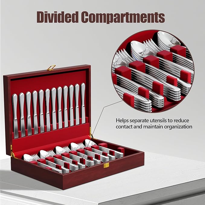 Solid Mahogany Silverware Storage Box,Silverware Chest without Silverware,Flatware Case with Red Felt Lined and Lid,Silverware Boxes for Flatware,Wooden Flatware Storage Box for 12 Sets of Utensils