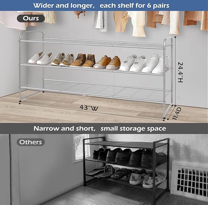 KEETDY 3-Tier Long Shoe Rack for Closet Metal Shoe Organizer for Entryway, Wide Stackable Shoe Storage Shelf with Sturdy Wire Grid for Closet Floor, Bedroom, Grey