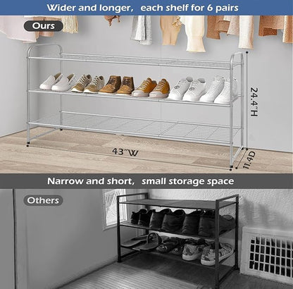 KEETDY 3-Tier Long Shoe Rack for Closet Metal Shoe Organizer for Entryway, Wide Stackable Shoe Storage Shelf with Sturdy Wire Grid for Closet Floor, Bedroom, Grey