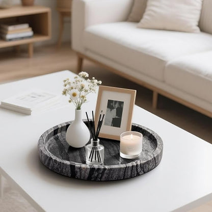 Natural Marble Vanity Tray for Bathroom Bedroom Kitchen Dresser, Round Decorative Trays for Jewelry, Perfume, Cosmetic, Candle, Countertop Storage Organizer for Home Decor Gray Black (WH017)