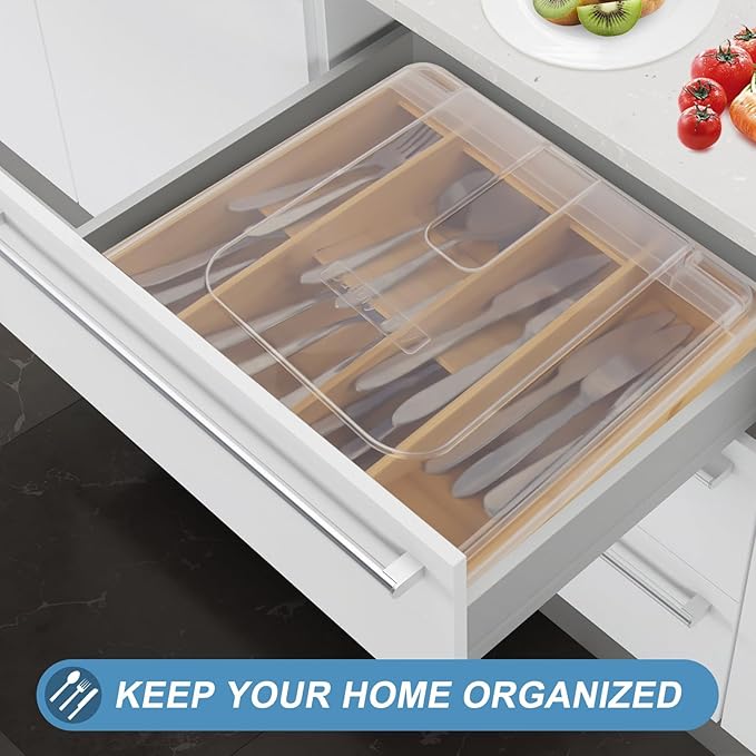 Bamboo Kitchen Drawer Organizer, Silverware Utensil Tray Holder, Extra Deep Grooved Drawer Divider, 7 Slots Total Bamboo Wood Caddy for Flatware Cutlery Knives, Forks, Spoons Eco-Friendly