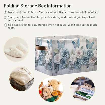 YETTASBIN Rose Butterfly Storage Basket 2pc, Large Collapsible Toys Clothes Organizer, Durable Canvas Storage Bin with Handle for Shelves Closet Laundry Home Office Decor
