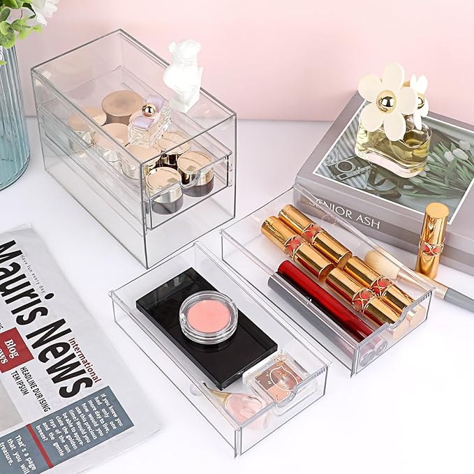 Hipiwe 3 Drawers Acrylic Drawer Organizer Clear Desktop Organizer for Hair Accessories Jewelry Stationery Office Supplies Acrylic Drawer Storage Box for Vanity Bathroom Closet