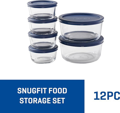 Anchor Hocking 12 Piece Glass Storage Containers with Lids (6 Glass Food Storage Containers & 6 Navy Blue SnugFit Lids) (Pack of 2)