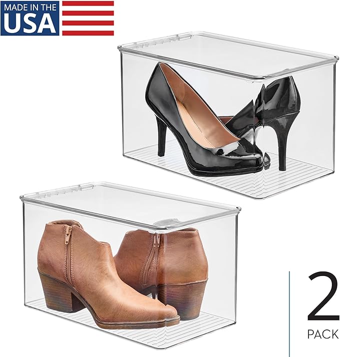 iDesign Stackable Clear Plastic Shoe Boxes with Lids, Storage Shoe Container for Closet, 2-Pack