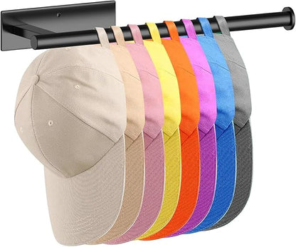 HUFEEOH Stainless Steel Wall-Mounted Hat Rack Organizer, Black Baseball Cap Hanger with Adhesive and Drill Mounting, Space-Saving Cap Holder for Kitchen, Entryway, Laundry Room