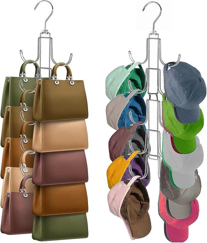 Baseball Hat Organizer for Closet, Collapsible Caps Rack with 10 Rotatable Large Hooks, Hat Hanger for Display,Storage and Closet Organizers,Metal Space Saving Holds Up to 40 Caps (Silver 2 Pcs)