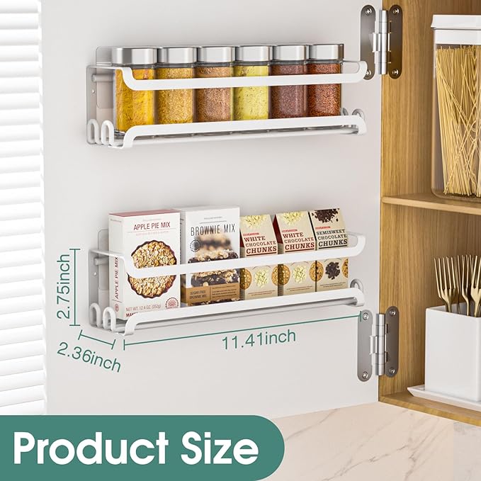 LUCYCAZ 2 Pack Wall Mounted Spice Rack with 8 Hooks, Spice Organizer Shelf for Stove Cabinet Pantry Door,Screw or Adhesive Spice Shelf Hanging Wall Spice Rack in Kitchen and RV (White, 2 PACK)