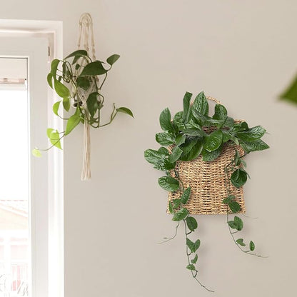 Woven Hanging Seagrass Baskets, Hanging Wall Wicker Basket, Handmade Organizer Baskets, Hanging Flower Basket for Shelves, Walls, Doors, Balconies, Front of House, Garden,...
