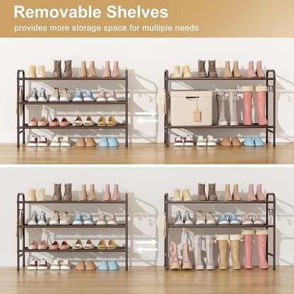VILICK 3 Tier Shoe Rack 33" Wide Metal Shoe Organizer Long Shoe Storage with 4 Side Hooks Sturdy Shoes Shelf for Front Door Entrance, Closet, Garage, Dorm, Brown