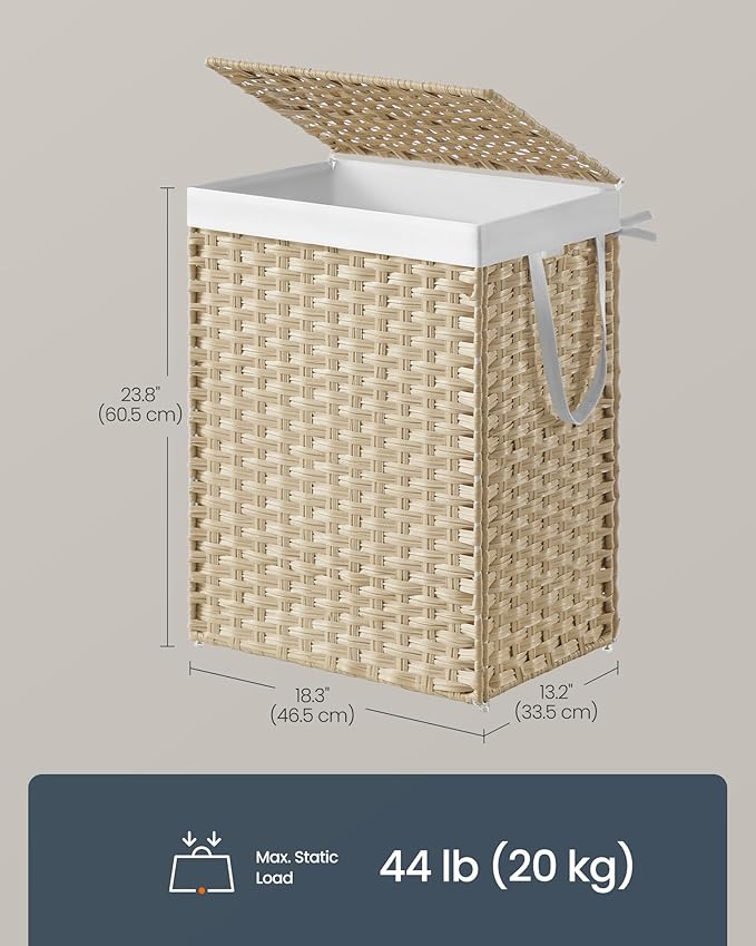 SONGMICS HOME Laundry Hamper with Lid, Clothes Basket with Removable Liner and Handles, 23.8 Gallon, Foldable Narrow Laundry Organizer for Bathroom, Bedroom, Sand