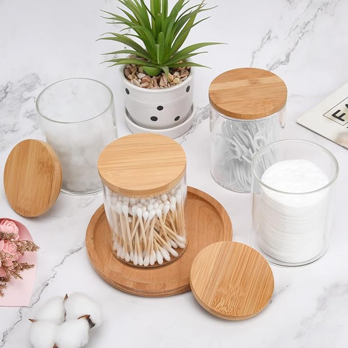 BKYFPQ 4 Pack Glass Qtip Holder Dispenser Set - Apothecary Jars with Lids for Vanity Makeup Organizer - Bathroom Canister Storage Organizer for Cotton Ball,Swab,Round Pads,Floss