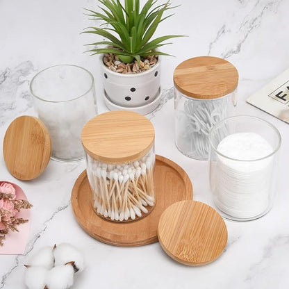 BKYFPQ 4 Pack Glass Qtip Holder Dispenser Set - Apothecary Jars with Lids for Vanity Makeup Organizer - Bathroom Canister Storage Organizer for Cotton Ball,Swab,Round Pads,Floss