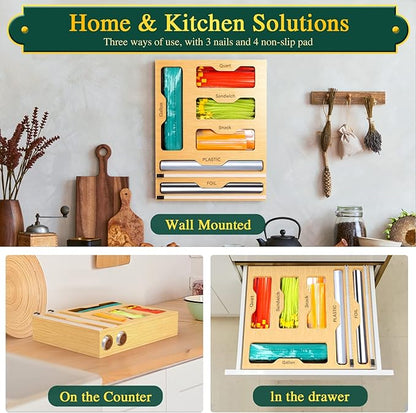 KOCWELL Bag Organizer and Plastic Wrap Dispenser with Cutter, 6 In 1 Bamboo Foil and Plastic Wrap Organizer for Kitchen Drawer, Food Storage Bag Organizer for Gallon,Quart,Sandwich,Snack(Yellow)