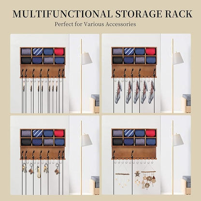 AUTOARK Wall Mounted Tie Rack/Belt Hanger,2-in-1 Wall Mount Organizer,8 Compartment Tie Organizer with Belt Slots & Hooks,Belt & Accessories,8+12+11 Storage,Walnut,AHK-081
