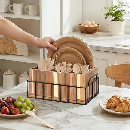 Silverware Holder for Party, Acacia Utensil Holder with 4 Removable Compartments for Countertop, Silverware Caddy Flatware Organizer Box for Utensil Spoons Forks Plate Napkin, Detachable Sevring Caddy