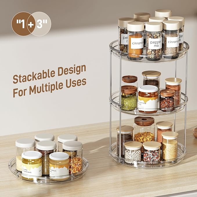 LAMU 4 Pack 2 Tier Lazy Susan Turntable Organizer 9.25'' Rotating Spice Rack Organization for Cabinet, Kitchen, Pantry, Countertop, Bathroom, Vanity, Medicine Cabinet Organizer, Clear
