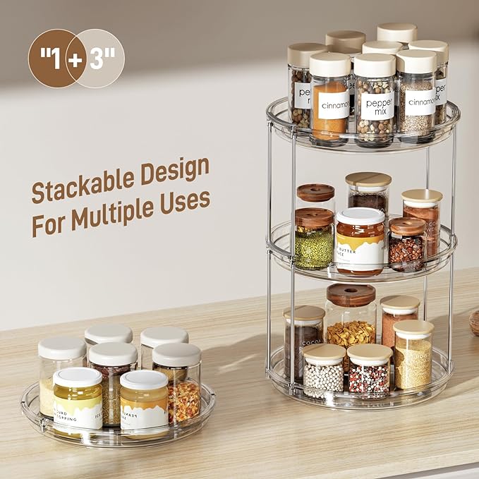 LAMU 3 Pack 2 Tier Lazy Susan Turntable Organizer 9.25'' Rotating Spice Rack Organization for Cabinet, Kitchen, Pantry, Countertop, Bathroom, Vanity, Medicine Cabinet Organizer, Clear