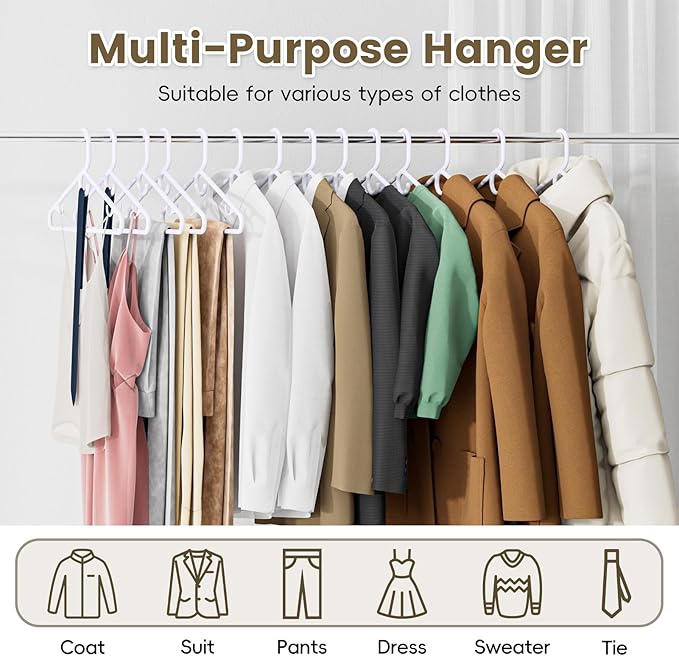 White Plastic Hangers 36 Pack, Heavy Duty Clothes Hangers with Center Hook & Non-Slip Pants Bar for Standard Size Shirts, Pants, Coat, Dresses, Jackets, Scarves and Belts