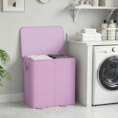 Lifewit Double Laundry Hamper with Lid and Removable Laundry Bags, Large Collapsible 2 Dividers Dirty Clothes Basket with Handles for Bedroom Laundry Room Closet Bathroom College, 136L Purple