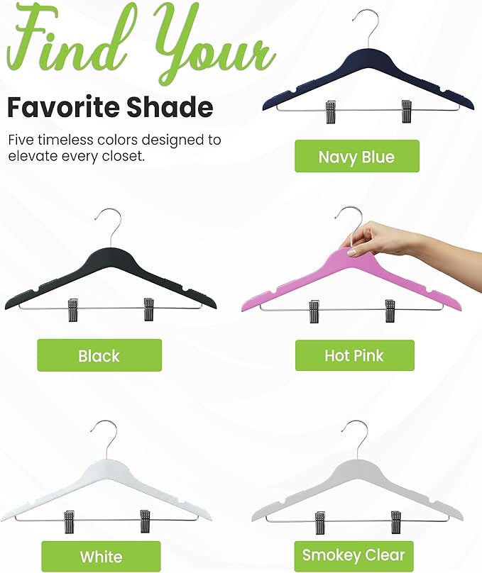 All Hung Up Hangers Slim Plastic Clothes Hangers with Clips, Space-Saving Design with Non-Slip Grip, Durable for Everyday Use, Black, 24pcs