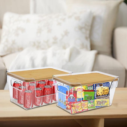 2 Pack Snack Station Organizer for Pantry Shelf,Snack Bar Station Storage Basket with Handle & Wooden Lid,Stackable Plastic Baskets for Storage Pantry Bins Organizer,Kitchen Organization Box