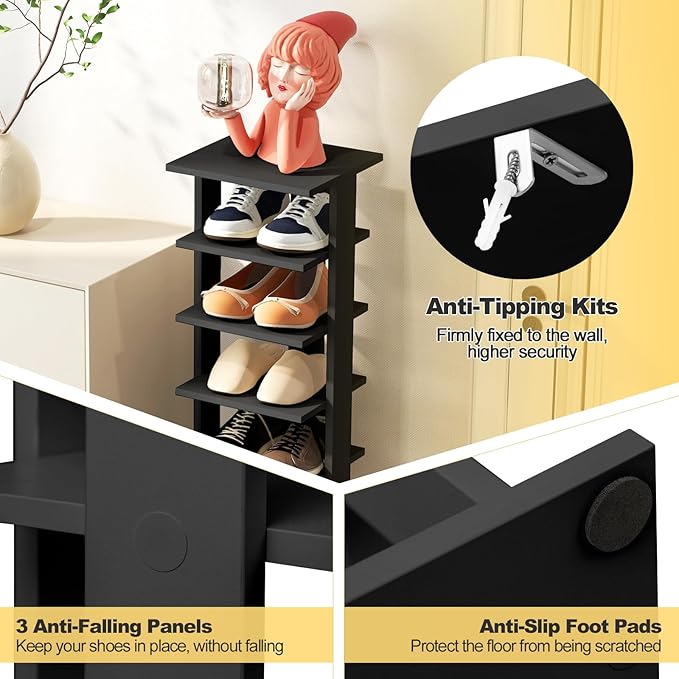 BETTARY 8 Tier Vertical Shoe Rack, Narrow Wooden Corner Shoe Organizer for Small Spaces, Removable Shelves, Anti-toppling Device, Shoe Tower for Entryway, Closet, Bedroom (Black, Single Row)
