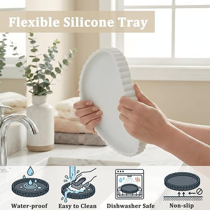 Silicone Bathroom Vanity Tray, Modern Round Decorative Tray for Countertop, Waterproof & Unbreakable Cosmetic Perfume Organizer, Extra-Thick & Sturdy, Easy to Clean Candle Tray (9 inch, White)
