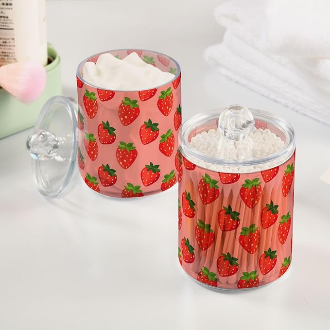 ALAZA 4pcs Cute Fruit Strawberry Qtip Holder Dispenser 14 oz Bathroom Storage Clear Apothecary Jars Containers Cotton Ball,Cotton Rounds,Floss Picks, Hair Clips, Food