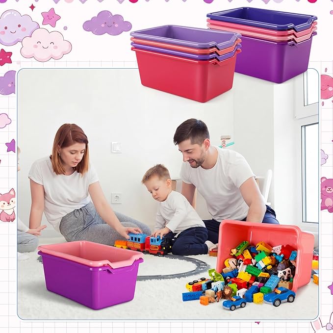 Dandat 16 Pcs Plastic Book Bins for Classroom Library Cubby Bins Scoop Front Stackable Toy Storage Tubs Containers for School Office Home Nursery Playroom Organization (Pink Series)