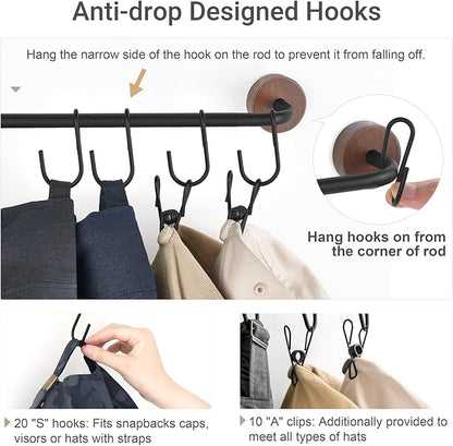 Mkono Hat Rack for Wall Hat Organizer for Baseball Caps Hanger with 20 Hooks Modern Metal Hat Holder Wall-Mounted Ball Caps Display for Closet Door Bedroom Entryroom Laundry, Set of 2