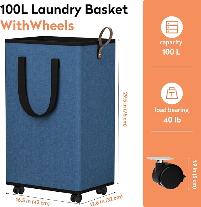SpaceTrove Laundry Basket with Wheels, Collapsible Laundry Baskets, Laundry Hamper with Handles Detachable Wheels, Rolling Laundry Basket, Dirty Clothes Hamper for Bathroom, Dorm, Bedroom, Navy, 100L