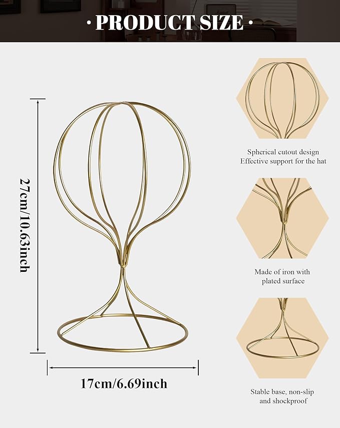 CHADWICK Gold Iron Ball Hat Rack, Short Display Stand for Fedora, Baseball Cap, Wig Storage, 6.7" x 10.6", Single Unit