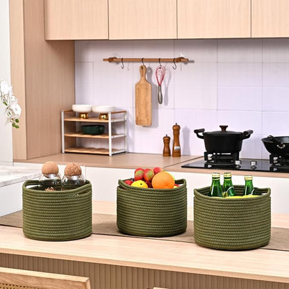 ICERZCZ Small Storage Baskets for Organizing, Organizer Baskets for Shelves, Green Woven Basket for Storage Decor, Small Decorative Cotton Rope Basket, 9.7"×9.7"×7" (3 Packs) Green